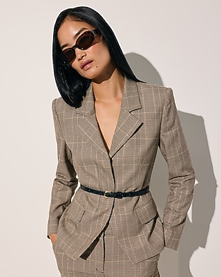 Plaid Notch Collar Belted Cutaway Blazer