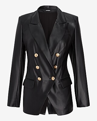 Faux Leather Double Breasted Novelty Button Blazer | Express