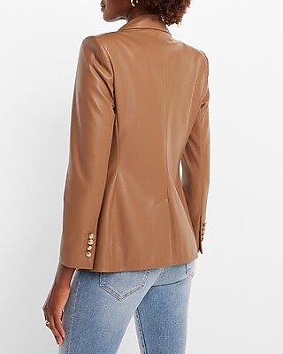 Faux Leather Double Breasted Novelty Button Blazer | Express