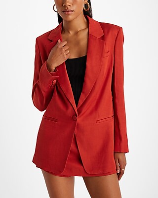 Linen-Blend One Button Cinched Boyfriend Blazer