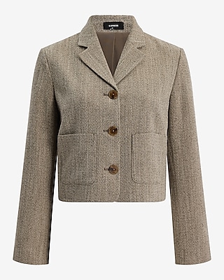 Textured Herringbone Cropped Slim Patch Pocket Blazer