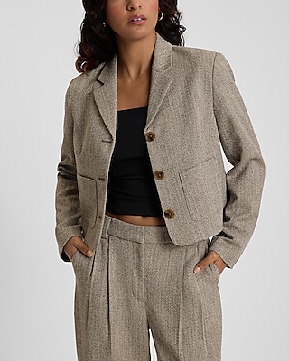 Textured Herringbone Cropped Slim Patch Pocket Blazer