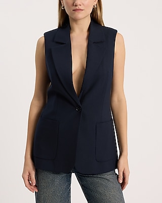 Wool-Blend One Button Sleeveless Blazer