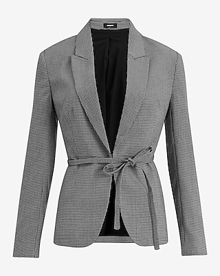 Houndstooth Fitted Tie Waist Blazer