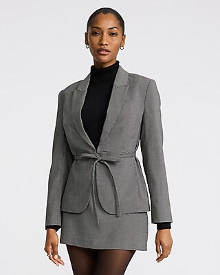 Houndstooth Fitted Tie Waist Blazer