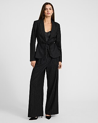 Metallic Pinstripe Tie Waist Cutaway Blazer