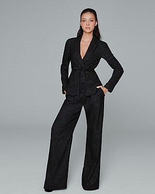 Metallic Pinstripe Tie Waist Cutaway Blazer