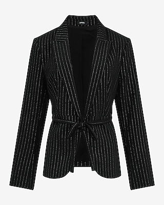 Metallic Pinstripe Tie Waist Cutaway Blazer