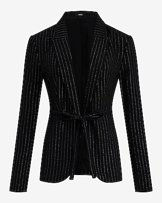 Metallic Pinstripe Tie Waist Cutaway Blazer