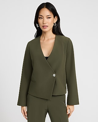 Signature Stretch Asymmetrical Collarless One Button Blazer | Express