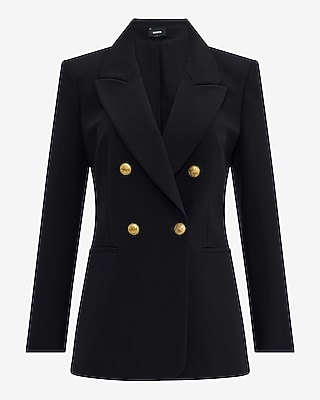 Studio Stretch Twill Double Breasted Novelty Button Long Slim Blazer