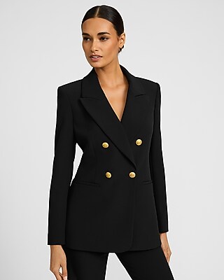 Studio Stretch Twill Double Breasted Novelty Button Long Slim Blazer