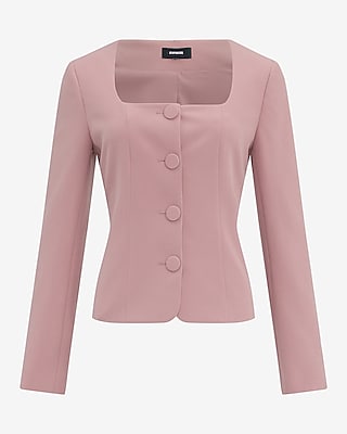 Signature Stretch Fitted Collarless Square Neck Blazer