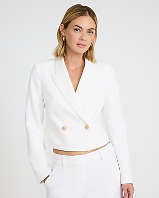Studio Stretch Twill Gold Button Double Breasted Cropped Blazer