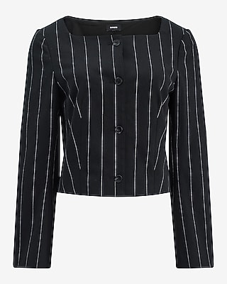 Linen-Blend Striped Collarless Square Neck Blazer