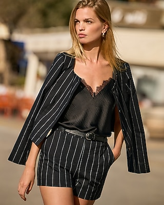 Linen-Blend Striped Collarless Square Neck Blazer