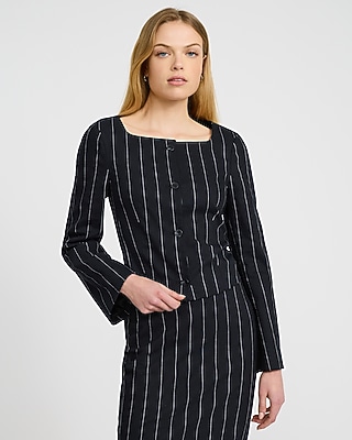 Linen-Blend Striped Collarless Square Neck Blazer