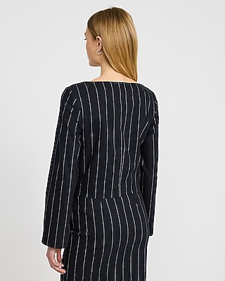 Linen-Blend Striped Collarless Square Neck Blazer