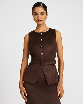 Faux Suede Novelty Button Front Belted Blazer Vest
