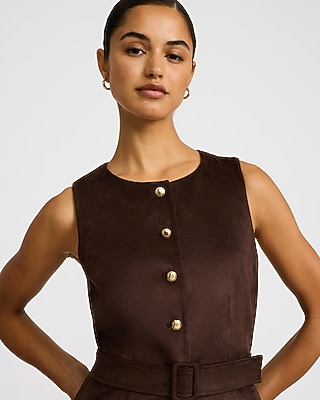 Faux Suede Novelty Button Front Belted Blazer Vest