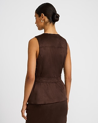 Faux Suede Novelty Button Front Belted Blazer Vest
