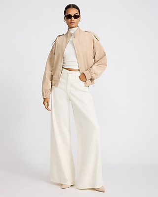 Faux Suede Funnel Neck Bomber