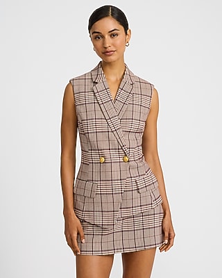 Plaid Notch Lapel Double Breasted Blazer Vest
