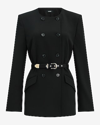 Collarless Double Breasted Belted Blazer Studio Stretch Twill