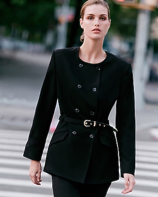 Collarless Double Breasted Belted Blazer Studio Stretch Twill