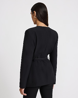 Collarless Double Breasted Belted Blazer Studio Stretch Twill