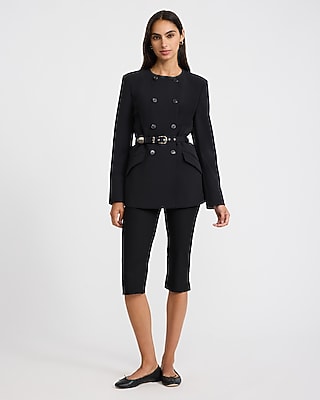 Collarless Double Breasted Belted Blazer Studio Stretch Twill