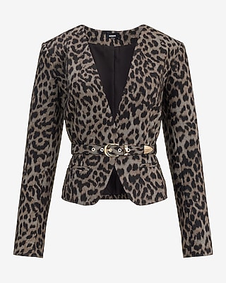 Leopard Collarless Belted Blazer Signature Ponte