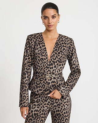 Leopard Collarless Belted Blazer Signature Ponte