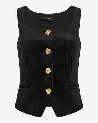 Velvet Square Neck Rose Button Cutaway Blazer Vest