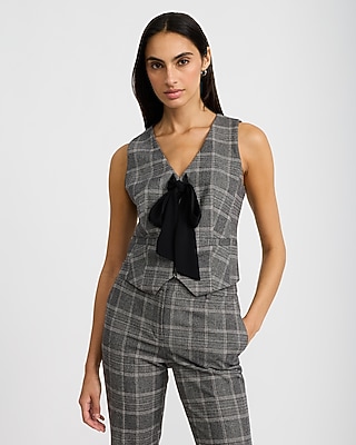 Plaid V-Neck Bow Front Blazer Vest