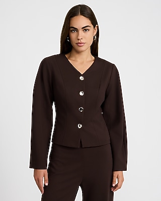 Collarless Barrel Sleeve Peplum Blazer in Signature Ponte