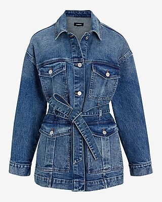 Belted Medium Wash Denim Jacket | Express