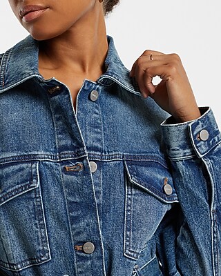 Belted Medium Wash Denim Jacket | Express
