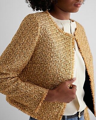 Metallic Tweed Fringe Trim Jacket | Express
