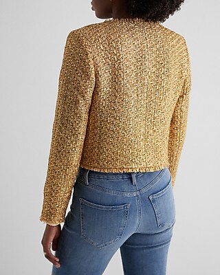 Metallic Tweed Fringe Trim Jacket | Express