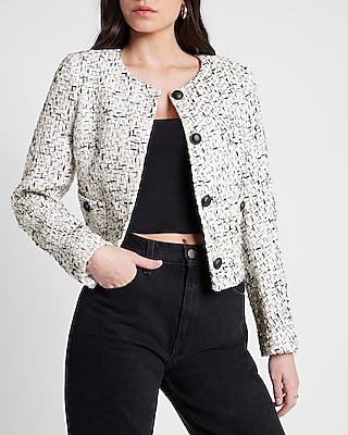 White Short Tweed Jacket with Black Trim Women Suit Collar Single