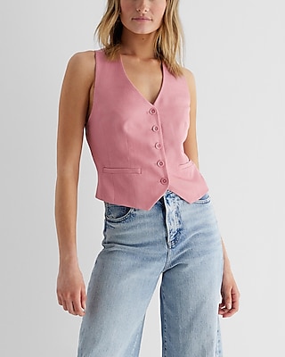 Linen-blend Button Front Cross Back Vest | Express