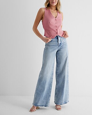 Linen-blend Button Front Cross Back Vest | Express