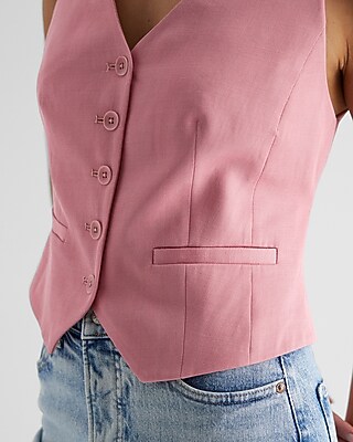 Linen-blend Button Front Cross Back Vest | Express