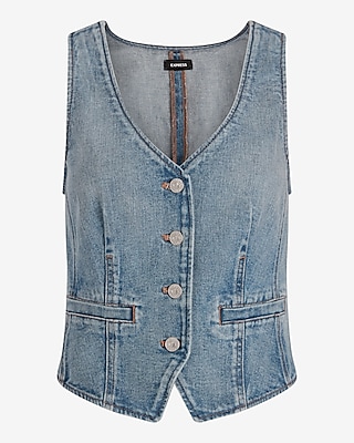 Medium Wash Denim Button Front Tailored Blazer Vest