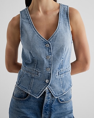 Medium Wash Denim Button Front Tailored Blazer Vest