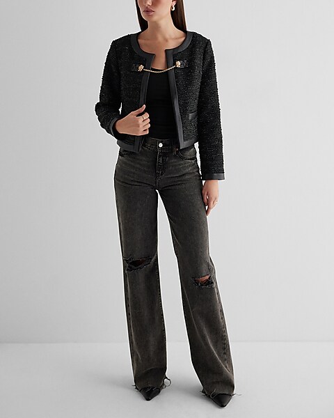 Tweed Faux Leather Pieced Chain Strap Jacket