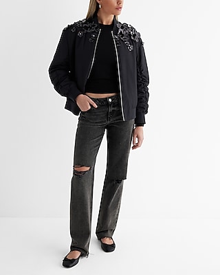 Floral Embellished Oversized Bomber Jacket