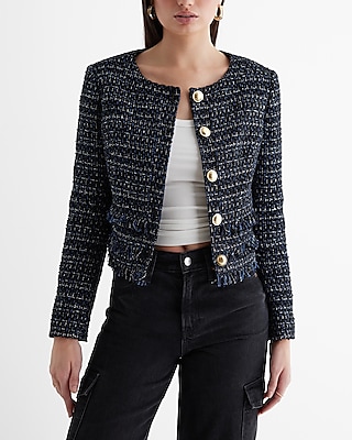 Metallic Tweed Fringe Novelty Button Jacket
