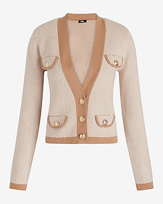 Tipped Striped Novelty Button Sweater Jacket